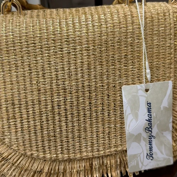 NWT Tommy Bahama Gold and Tan woven bag with Bamboo Handle & Crossbody Strap - Picture 9 of 16